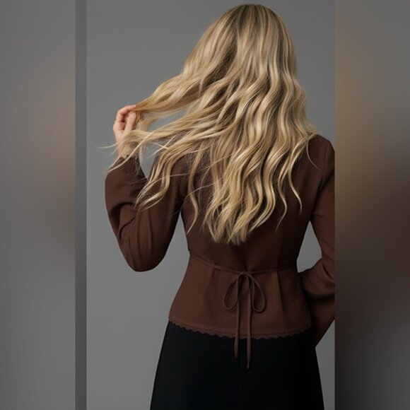 Boho Lace Cap Sleeve Single Button Blouse Brown - Picture 5 of 8